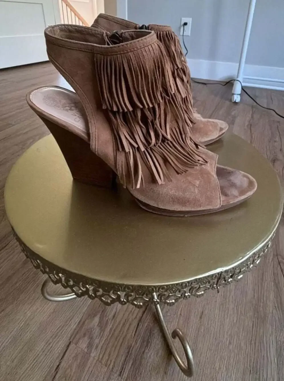 Vince Camuto Torey Chestnut Suede Fringe Open Toe Booties